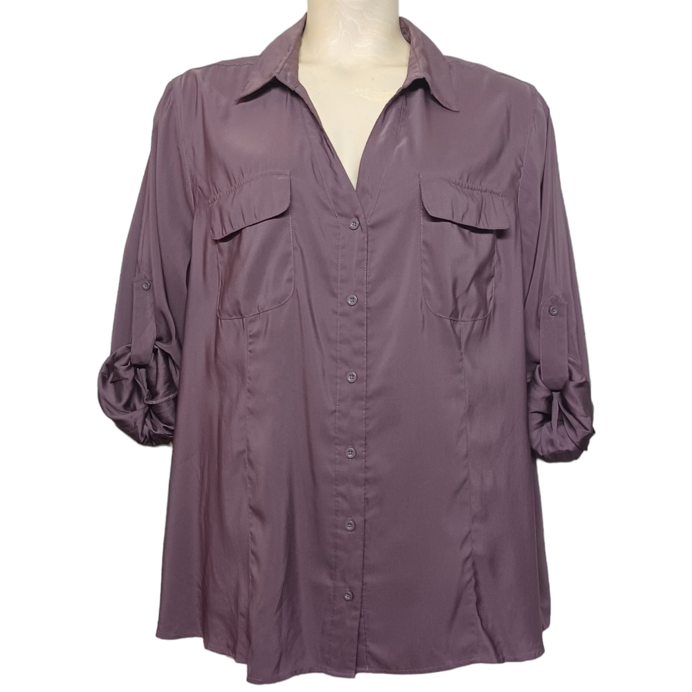 WD.NY WOMAN Dusty Purple Button Front Silky Top 2X